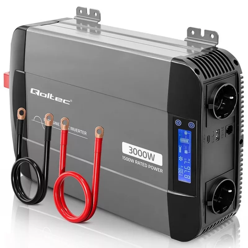 Qoltec grynos sinusoidės keitiklis 12V į 230V 1500W/3000W su LCD USB USB-C, skirtas LiFePO4 GEL AGM