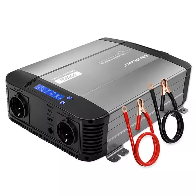 Qoltec grynos sinusoidės keitiklis 12V į 230V 1500W/3000W su LCD USB USB-C, skirtas LiFePO4 GEL AGM