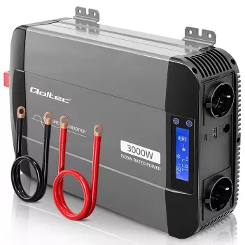 Qoltec grynos sinusoidės keitiklis 12V į 230V 1500W/3000W su LCD USB USB-C, skirtas LiFePO4 GEL AGM