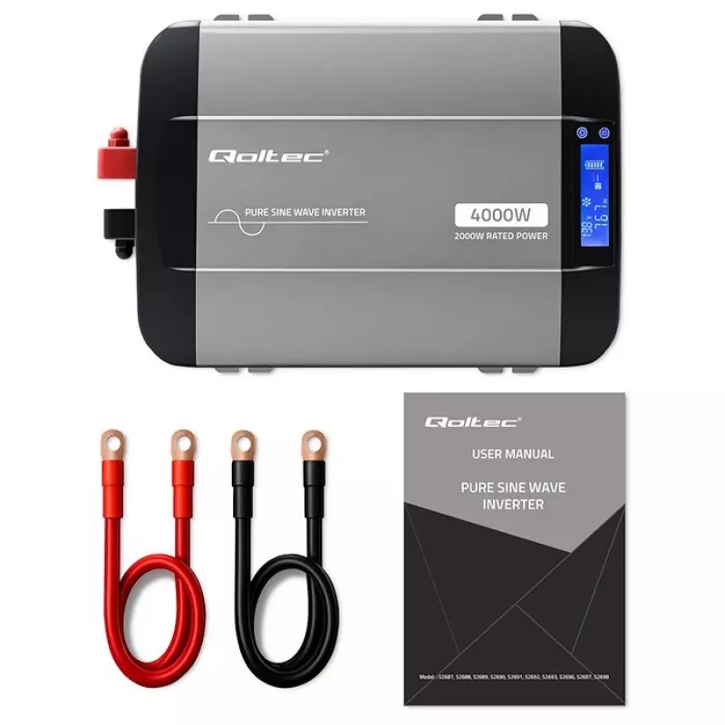 Qoltec grynos sinusoidės keitiklis 12V į 230V 2000W/4000W su LCD, USB, USB-C, suderinamas su LiFePO4/GEL/AGM