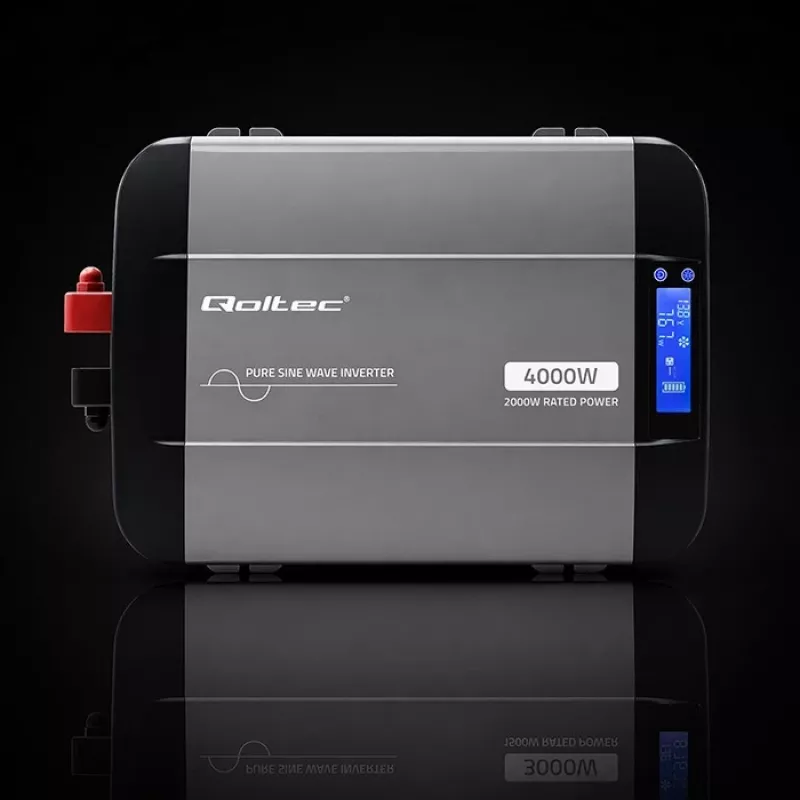 Qoltec grynos sinusoidės keitiklis 12V į 230V 2000W/4000W su LCD, USB, USB-C, suderinamas su LiFePO4/GEL/AGM