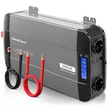 Qoltec grynosios sinusoidės keitiklis 12V į 230V 2500W/5000W su LCD, USB, USB-C, suderinamas su LiFePO4/GEL/AGM
