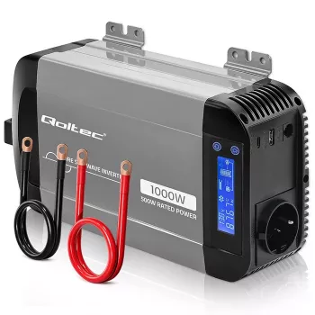 Qoltec grynos sinusinės bangos inverteris 12V į 230V 500W/1000W su LCD, USB, USB-C, suderinamas su LiFePo4/GEL/AGM