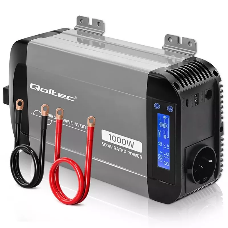Qoltec grynos sinusinės bangos inverteris 12V į 230V 500W/1000W su LCD, USB, USB-C, suderinamas su LiFePo4/GEL/AGM