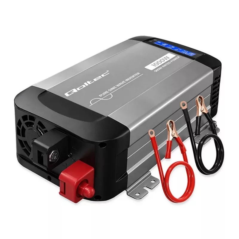 Qoltec grynos sinusinės bangos inverteris 12V į 230V 500W/1000W su LCD, USB, USB-C, suderinamas su LiFePo4/GEL/AGM