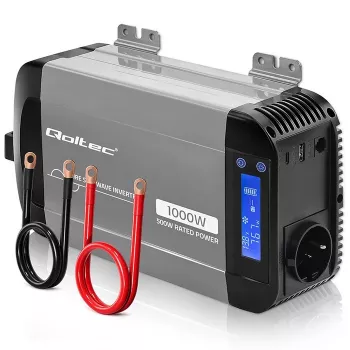 Qoltec grynos sinusinės bangos inverteris 12V į 230V 500W/1000W su LCD, USB, USB-C, suderinamas su LiFePo4/GEL/AGM