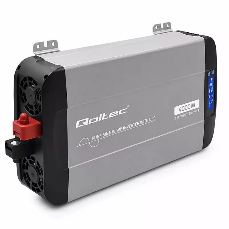 Qoltec grynos sinusinės bangos inverteris su UPS | 12V į 230V | 2000W nuolatinė / 4000W pikų | LCD | USB-A | USB-C PD 18W | Suderinamas su LiFePO4 GEL AGM