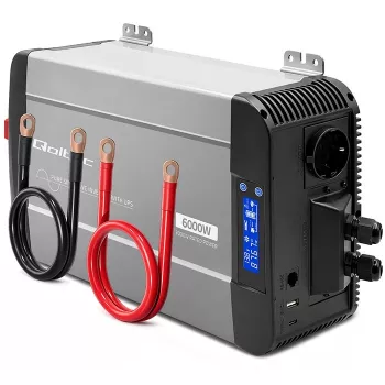 Qoltec grynos sinusinės bangos inverteris su UPS 12V į 230V 3000W/6000W LCD USB USB-C LiFePO4 GEL AGM