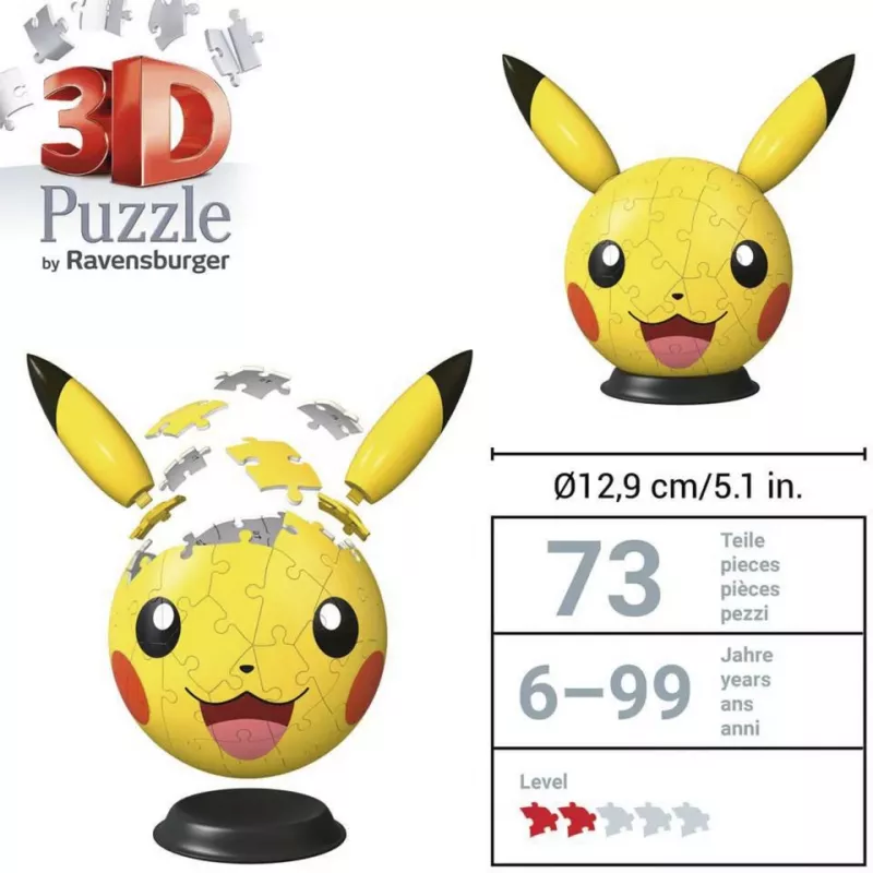 Ravensburger 3D Puzzleball Pokémon Pikachu su ausimis - 54 dalys