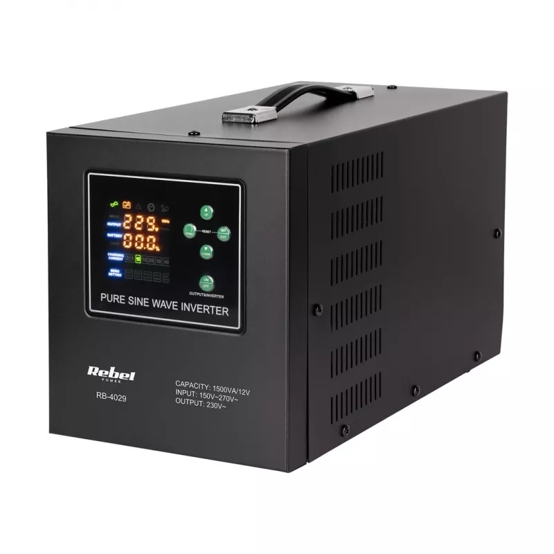 Rebel POWER-1500-LFP4 avarinis maitinimo šaltinis – gryno sinusinio signalo keitiklis su 12V įkrovimo funkcija, 230V, 1500VA/1050W