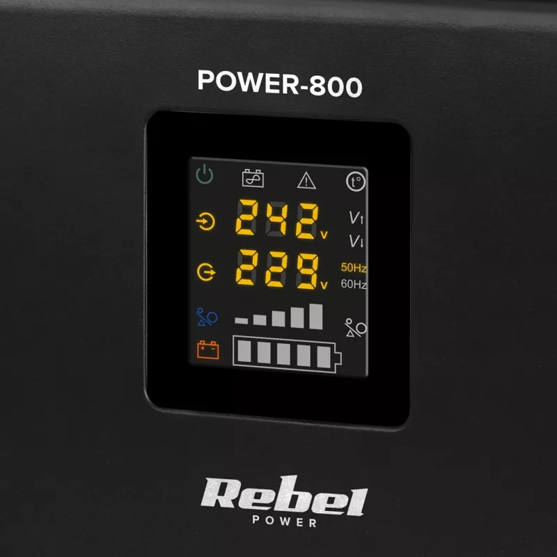 Rebel POWER-800 sieninis avarinis maitinimo šaltinis – gryno sinusinio signalo keitiklis su 12V įkrovimo funkcija, 230V, 800VA/500W