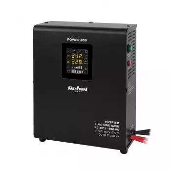 Rebel POWER-800 sieninis avarinis maitinimo šaltinis – gryno sinusinio signalo keitiklis su 12V įkrovimo funkcija, 230V, 800VA/500W