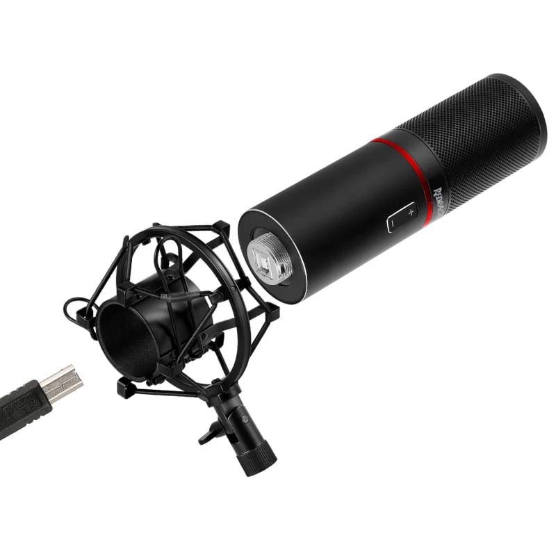 REDRAGON BLAZAR kardioidinis USB žaidimų mikrofonas su trikojžiu stovu, pop filtru ir smūgių amortizatoriumi - juoda