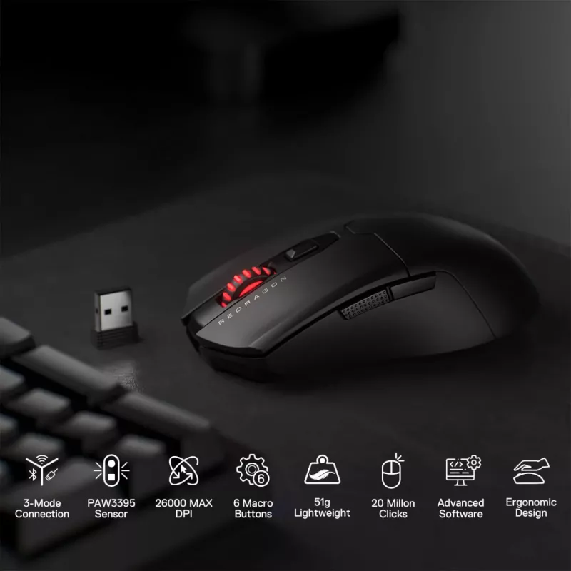 Redragon FYZU M995 PRO belaidė žaidimų pelė - juoda, 26K DPI Pixart 3395, trijų režimų, 9 mygtukai, RGB, 70 val. baterija