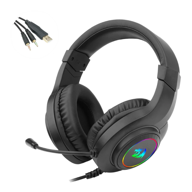 REDRAGON HYLAS H260RGB Ausinės žaidimams per ausį su nuimamu mikrofonu, 50mm tvarkyklės, RGB apšvietimas, 3.5mm garsas + USB maitinimas, juodos