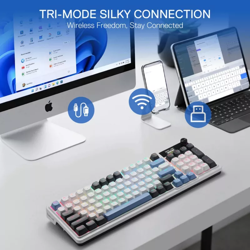 Redragon K719WGB GALATIN RGB PRO viso dydžio belaidė mechaninė žaidimų klaviatūra - balta