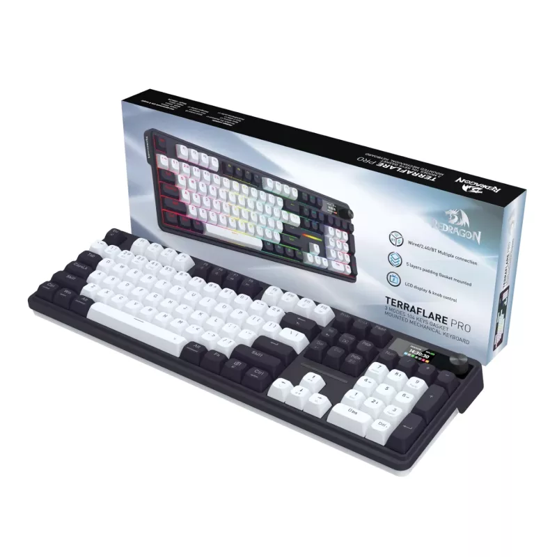 Redragon K762WB-RGB-PRO LCD pilno dydžio guminė mechaninė klaviatūra - juoda
