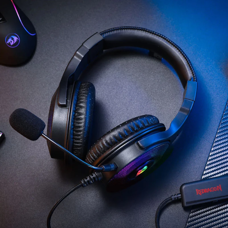 REDRAGON PANDORA H350 RGB ausinės žaidimams su nuimamu mikrofonu, 50 mm tvarkyklės, 3,5 mm garso ir USB RGB maitinimas, juodos