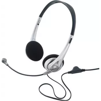 Renkforce RF-5045268 laidinis ant ausų uždedamas headsetas su mikrofonu ant strėlės ir tiesioginiu garsumo valdymu, juodas/sidabrinis
