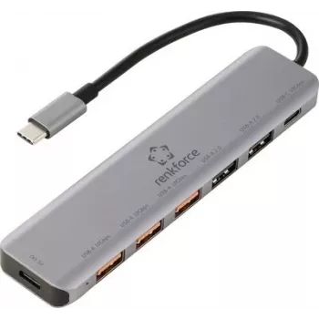 Renkforce RF-7465828 USB-C 6-in-1 šakotuvas, 3x USB-A 3.0, USB-C duomenų, 4K HDMI, 100W PD, pilkas