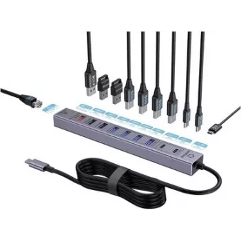 Renkforce RF-7465830 vidinis USB-C 10 prievadų USB 3.0 šakotuvas, 5 Gbit/s, maitinamas SATA, pilkas