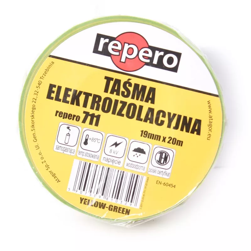 REPERO 711E Geltonai-žalia PVC elektros izoliacinė juosta 19 mm x 20 m