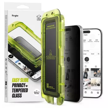 Ringke iPhone 17 Pro Screen Protector Premium Easy Slide Privacy Tempered Glass 9H su montavimo šablonu (2 vnt.) Skaidrus