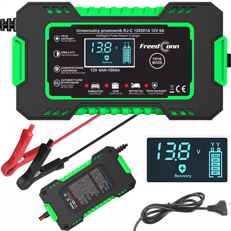 RJ TIANYE FreedConn RJ-C 120501A 12V 6A išmanusis automatinis akumuliatoriaus kroviklis švino-rūgštiniams AGM GEL EFB su LCD ekranu