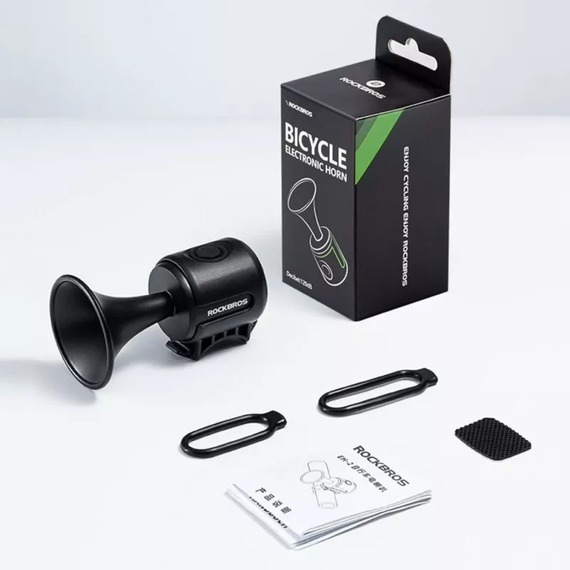 ROCKBROS elektroninis dviračio skambutis - juodas, 110-120 dB, 4 tonai, įkraunamas, IPX4