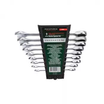 ROCKFORCE 9 dalių metrinis reketinis kombinuotųjų raktų rinkinys, chromo vanadžio plienas, 72 dantų, 8-22 mm, DIN standartas