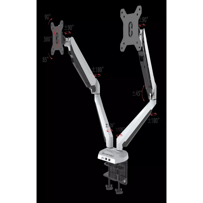ROCKSTABLE RS-MM011W Professional Dual Monitor Mount - Clamp / Grommet - 16 kg - 38.1 cm (15 inch) - 81.3 cm (32 inch) - 100 x 100 mm - White