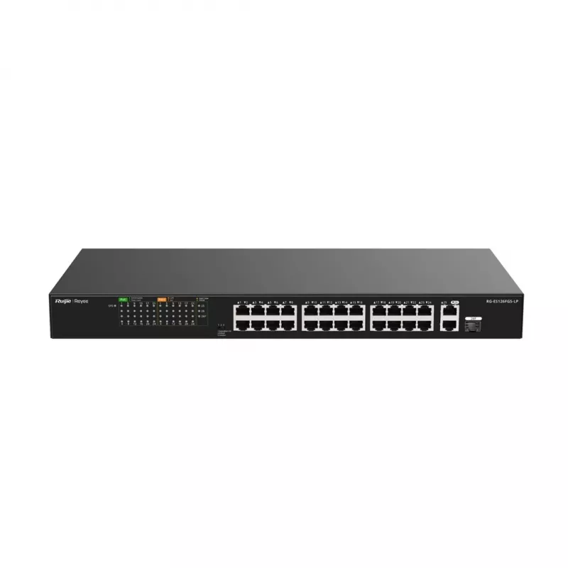 Ruijie RG-ES126FGS-LP 24 prievadų Fast Ethernet PoE+ komutatorius su 2 Gigabit SFP magistralėmis, 370W PoE biudžetas, montavimas į stelažą
