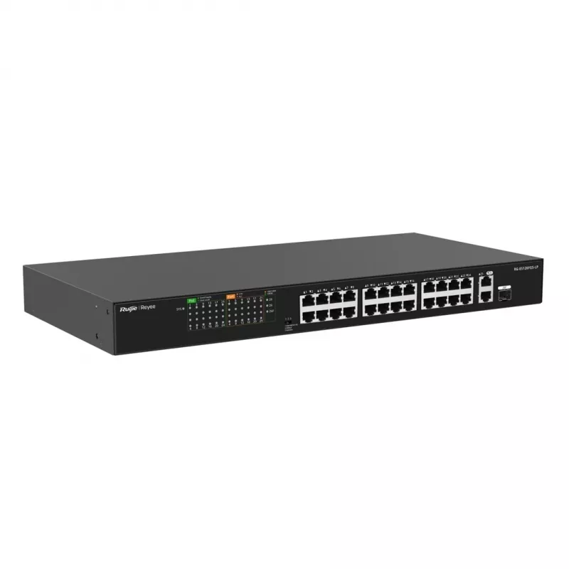 Ruijie RG-ES126FGS-LP 24 prievadų Fast Ethernet PoE+ komutatorius su 2 Gigabit SFP magistralėmis, 370W PoE biudžetas, montavimas į stelažą