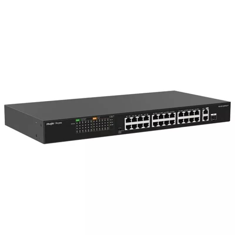 RUIJIE RG-ES126FGS-P 24 prievadų Gigabit PoE+ išmanusis valdomas jungiklis su 2 SFP aukštutinėmis jungtimis, 370W biudžetu, montavimas stove, Reyee serija