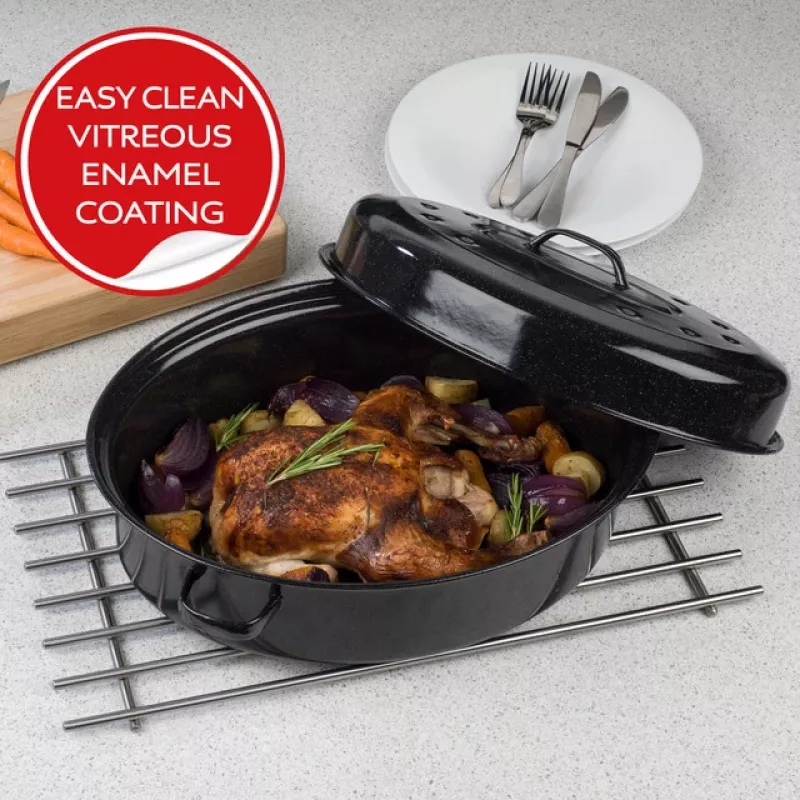 Russell Hobbs BW072151 Vitreous Enamel 38cm Self-Basting Roaster with Lid, Black/Cream