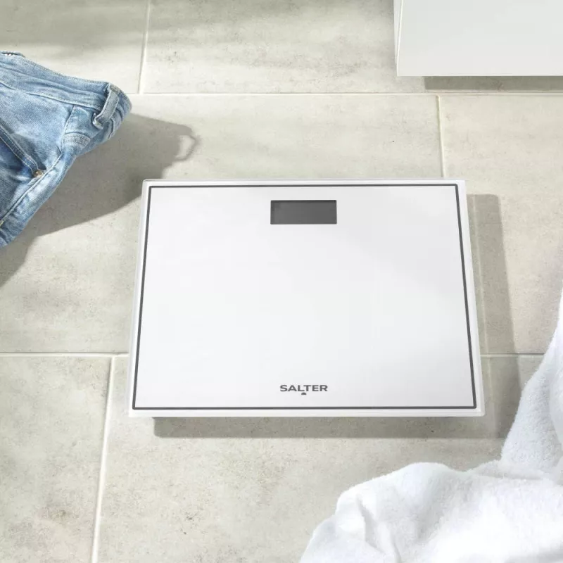 Salter 9207 WHCFEU12 Kompaktiškos stiklinės elektroninės vonios svarstyklės, baltos