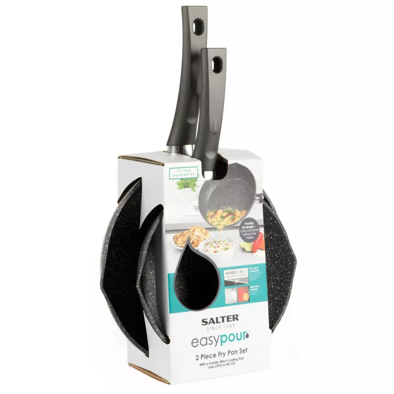 Salter BW09071AR Easy Pour 2 vnt. keptuvių rinkinys - 20 cm ir 24 cm, kaltas aliuminis, be PFOA neprideganti danga, tinka indukcinėms kaitlentėms, juoda/pilka
