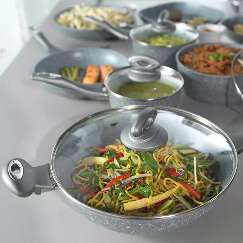 Salter Marblestone Wok 28cm Grey - Forged Aluminium Non-Stick Induction Compatible