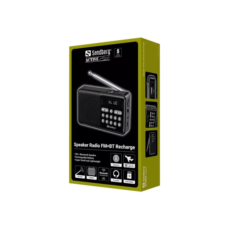 SANDBERG Speaker Radio FM+BT Recharge nešiojamas Bluetooth garsiakalbis su FM radiju, AUX, USB, MicroSD, 6W, juodas