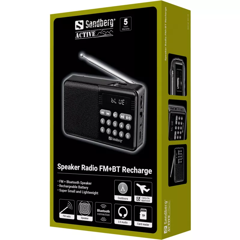 SANDBERG Speaker Radio FM+BT Recharge nešiojamas Bluetooth garsiakalbis su FM radiju, AUX, USB, MicroSD, 6W, juodas