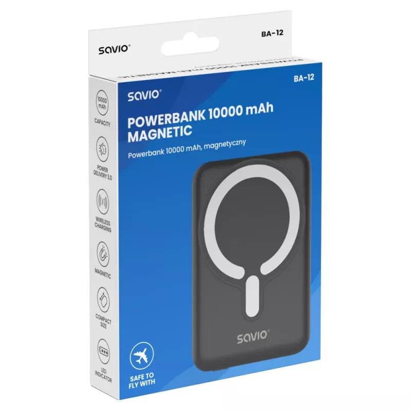 Savio BA-12 magnetinis belaidis maitinimo bankas 10000 mAh juodas
