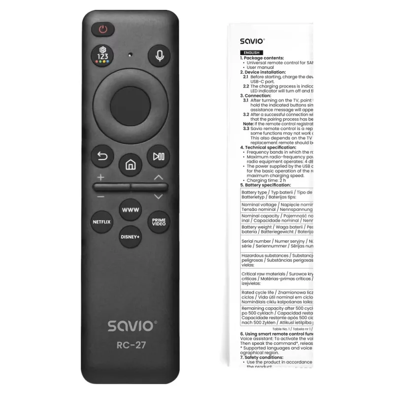 SAVIO RC-27 universalus nuotolinio valdymo pultas, skirtas Samsung Smart TV – juodas