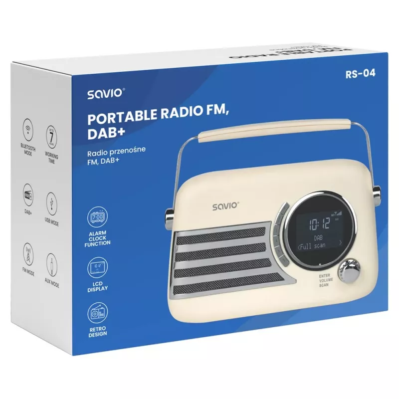 SAVIO RS-04 nešiojamas DAB+ FM radijas su įkraunama baterija, LCD ekranu, dvigubu žadintuvu, juodas