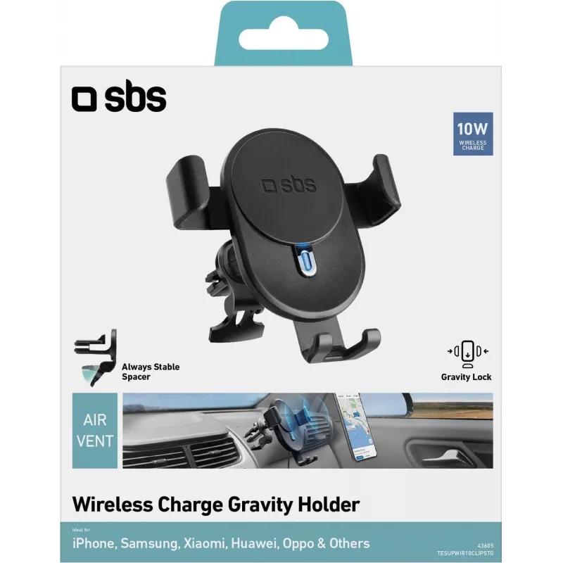 SBS TESUPWIR10CLIPSTG 10W belaidis automobilinis įkroviklis su laikikliu - juoda