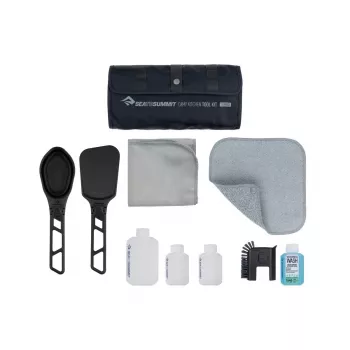 Sea To Summit Camp Kitchen Tool Kit - Indų plovimo rinkinys su silikoniniu šveitikliu, mikropluošto rankšluosčiu ir 50 ml Wilderness Wash