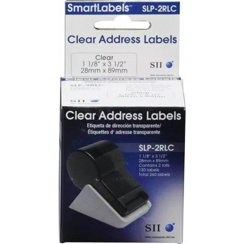 Seiko SLP-2RLC Clear Address Labels 28x89mm, 2 Rolls, 260 Labels, White, Permanent Adhesive, Direct Thermal, for Smart Label Printer