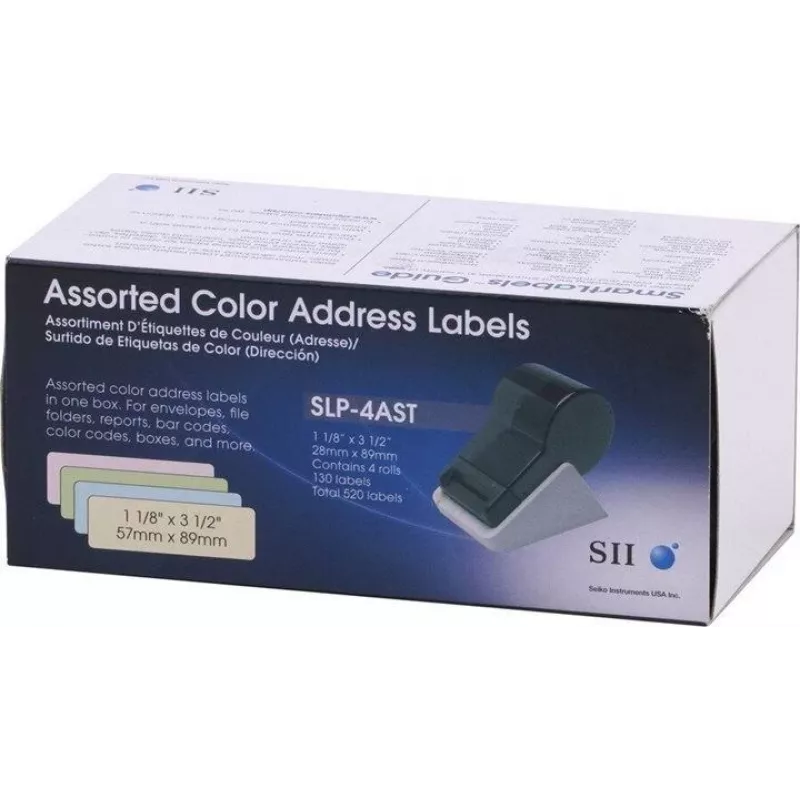 Seiko SLP-4AST Įvairiaspalvės adresų etiketės - 28 x 89 mm, 520 etikečių (4 ritinėliai po 130) Smart Label Printer 420/425/430/440/450 16.06.2037