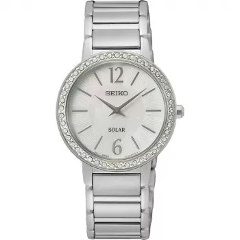 SEIKO SUP467P1 Moteriškas saulės energijos kvarcinis laikrodis 30,5 mm nerūdijančio plieno sidabrinis perlamutras deimantas