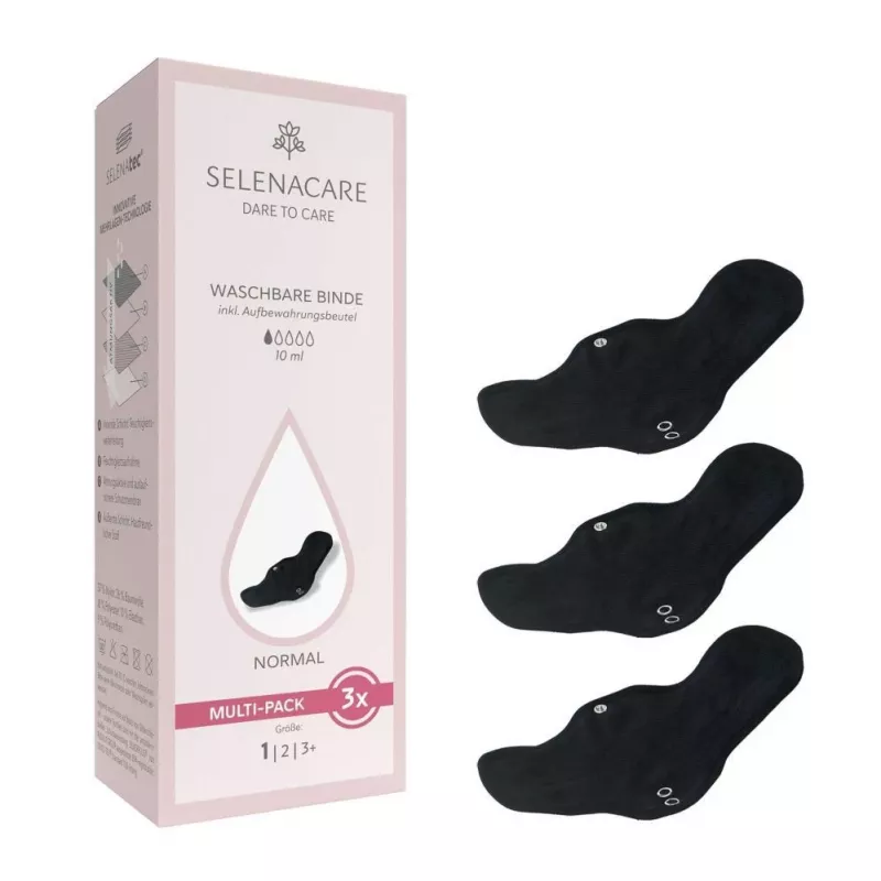 Selenacare Washable Pads (3-Pack) - Daugkartiniai menstruaciniai įklotai reguliariam kraujavimui, minkštas bambuko anglies audinys, vandeniui atsparus PUL, skalbiami mašinoje, Oeko-Tex sertifikuoti