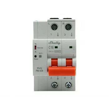 Shelly Pro 2CB C16 išmanusis miniatiūrinis automatinis jungiklis, 2 polių, 16A, C charakteristikos, 6kA, Wi-Fi/LAN/Bluetooth, energijos stebėjimas, DIN bėgelis